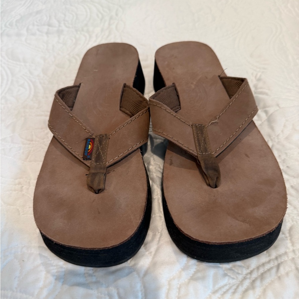 Rainbow Brown Leather-Look Flip Flop Sandals